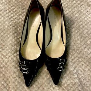Nine West Point toe black leather buckle heel sz 7m